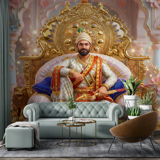 भव्य छत्रपती शिवाजी महाराज राजेशाही सुवर्ण सिंहासन वॉलपेपर – प्रीमियम गोल्ड फॉइल एडिशन