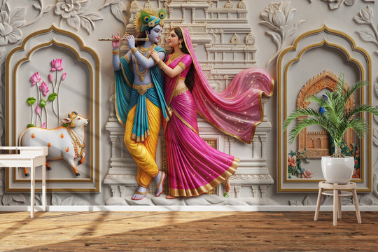 Radha Krishna Wallpaper for Living Room & Pooja Room – Premium 3D Divine Radha Rani and Lord Krishna with Flute, Pink Saree, Peacock Feather & Traditional Temple Design | Arihant Arts