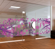 Vibrant Purple & Pink Floral Privacy Window Film | Self-Adhesive Frosted Glass Decal with Swirling Vines