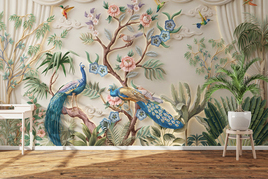 Peacock Wallpaper for Living Room & Bedroom – Premium 3D Blue Peacock Pair with Pink Flowers, Green Botanical Leaves and Elegant Cream Temple-Inspired Background | Arihant Arts