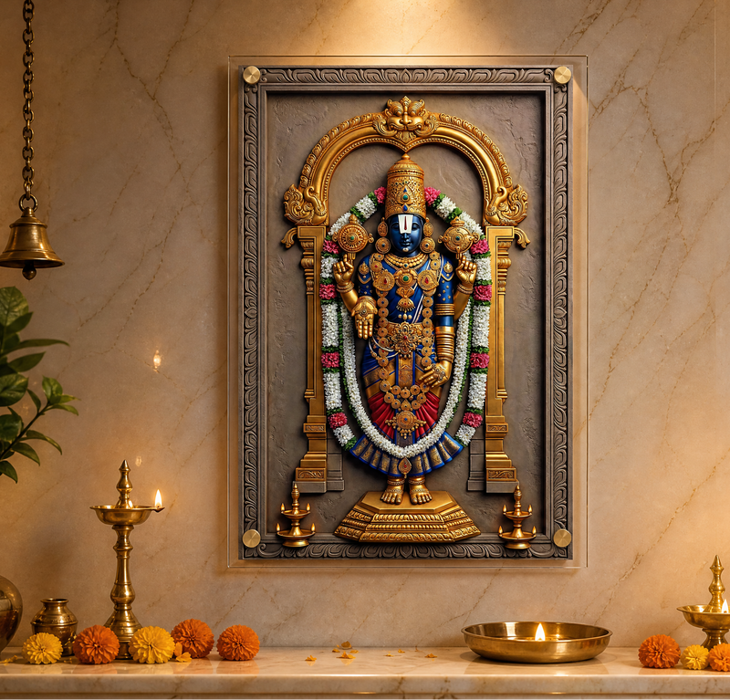 Lord Tirupati Balaji: Divine Golden Prabhavali Darshan Heritage Portrait – Premium Acrylic Wall Art
