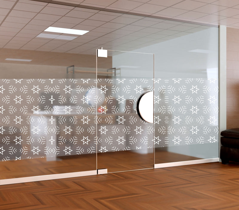White Geometric Star Pattern Frosted Window Film | Self-Adhesive Privacy Glass Decal for Office Partitions & Doors | Peel and Stick Chevron Motif