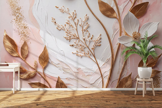 Floral Wallpaper for Living Room & Bedroom – Premium 3D White Flower with Golden Metallic Leaves, Rose Gold Branches and Blush Pink Abstract Texture | Arihant Arts