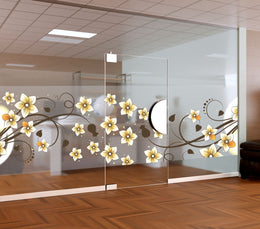 Yellow and Cream Blossom Frosted Window Film | Self-Adhesive Botanical Glass Decal with Swirling Brown Vines | Decorative Privacy Partition Sticker