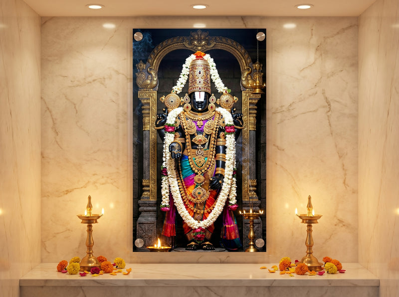 Tirupati Balaji Temple Darshan Portrait – Lord Venkateswara Acrylic Wall Photo Frame for Puja Room
