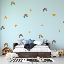 Celestial Skies: Rainbow & Golden Stars Premium Kids Wallpaper