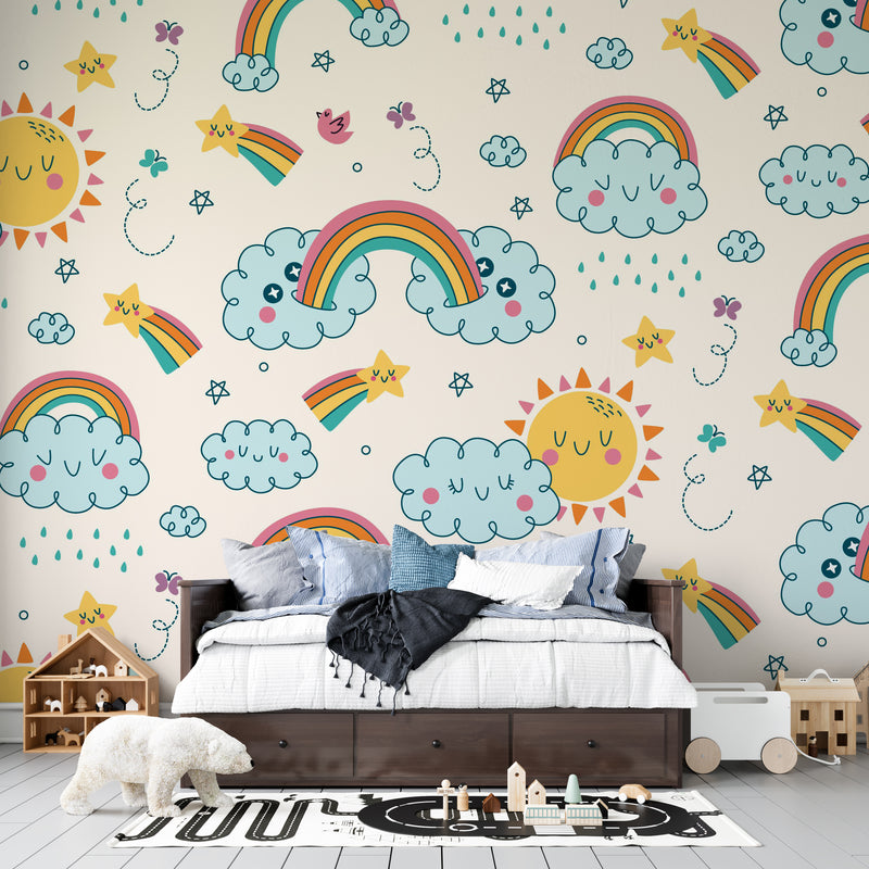 Sunny Skies & Happy Clouds: Whimsical Dreams Premium Kids Wallpaper
