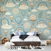 Hot Air Balloon & Rainbow Clouds Premium Kids Wallpaper