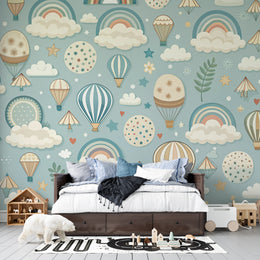 Hot Air Balloon & Rainbow Clouds Premium Kids Wallpaper