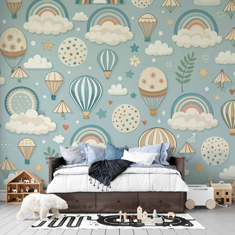 Hot Air Balloon & Rainbow Clouds Premium Kids Wallpaper