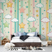 Soft Pastel Stripes with Puffy Clouds and Whimsical Stars Nursery Premium Kids Wallpaper