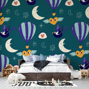 Dark Teal Whimsical Hot Air Balloon and Celestial Moon Nursery Premium Kids Wallpaper