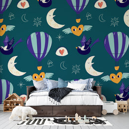 Dark Teal Whimsical Hot Air Balloon and Celestial Moon Nursery Premium Kids Wallpaper