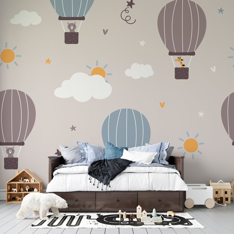 Neutral Boho Animal Hot Air Balloon Nursery Premium Kids Wallpaper