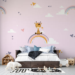 Pink Pastel Giraffe and Rainbow Nursery Premium Kids Wallpaper