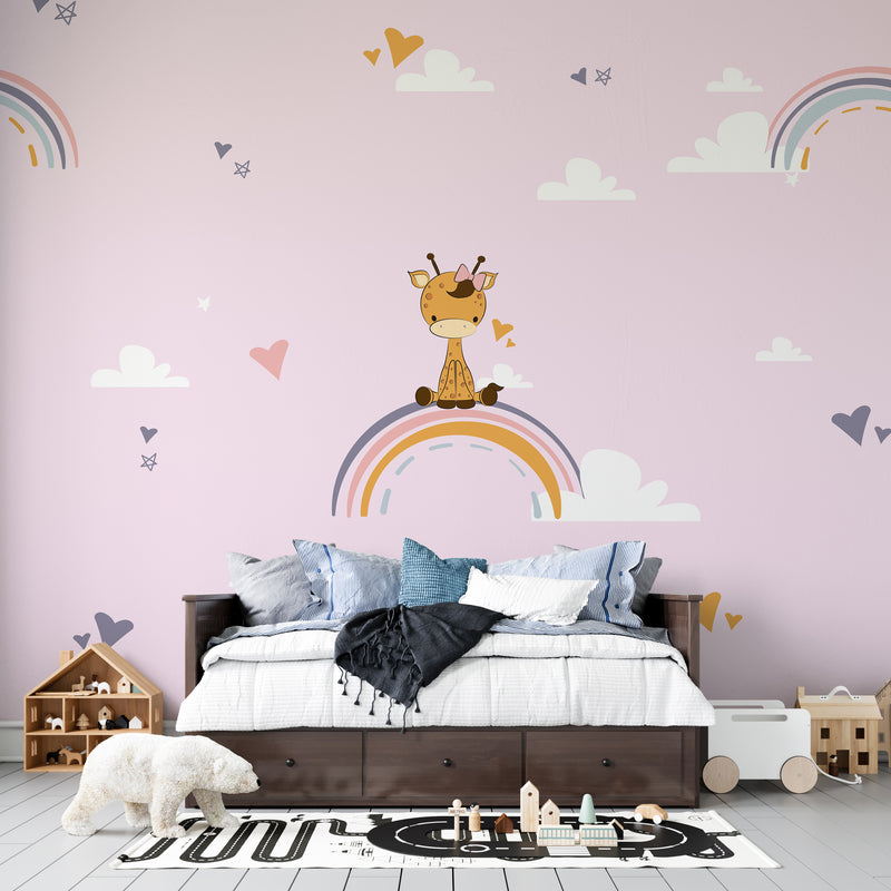 Pink Pastel Giraffe and Rainbow Nursery Premium Kids Wallpaper