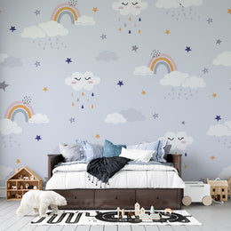 Sleepy Clouds Pastel Rainbow and Stars Nursery Premium Kids Wallpaper