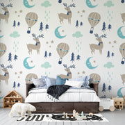 Scandi Woodland Deer and Hot Air Balloon Pine Tree Nursery Premium Kids Wallpaper