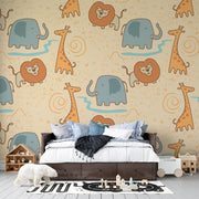 Hand Drawn Safari Animals Elephant Lion Giraffe Premium Kids Wallpaper