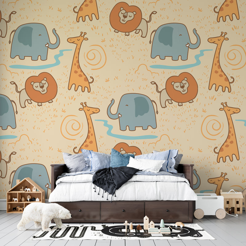 Hand Drawn Safari Animals Elephant Lion Giraffe Premium Kids Wallpaper