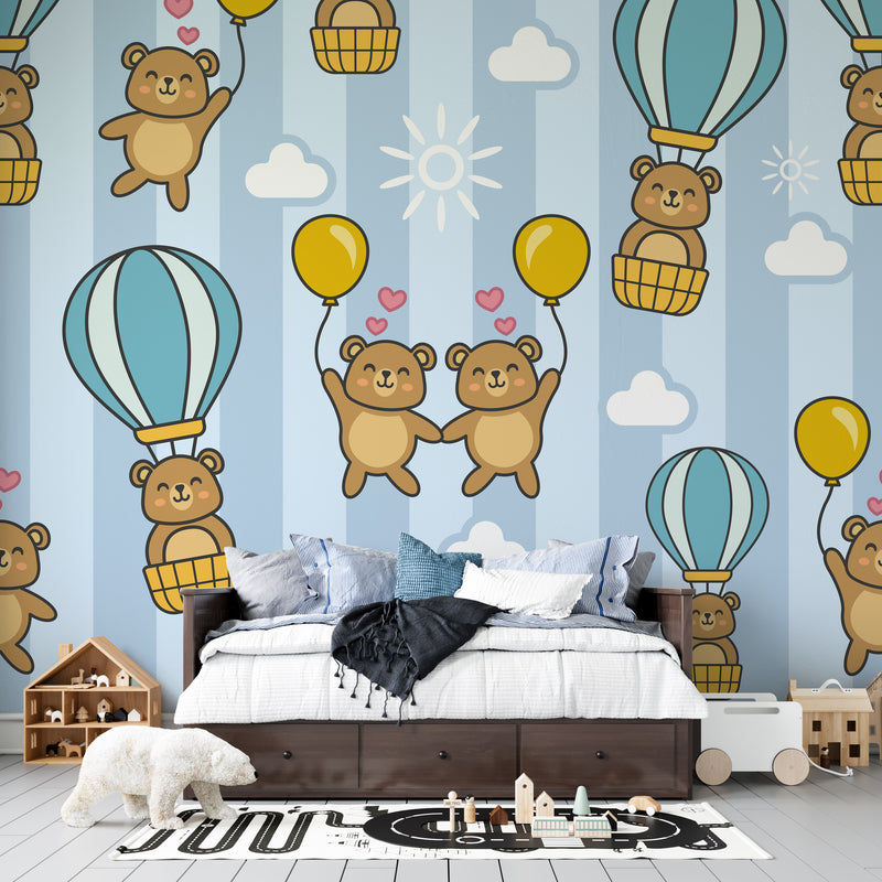 Whimsical Teddy Bear Hot Air Balloon and Blue Stripes Nursery Premium Kids Wallpaper