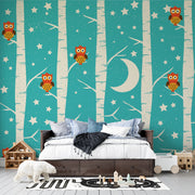 Enchanting Teal Woodland Night Sky with Owls and Birch Trees Premium Kids Wallpaper