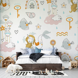 Dreamy Pastel Mermaid Unicorn and Ocean Seashells Premium Kids Wallpaper