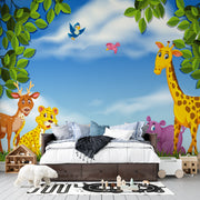 Colorful Cartoon Jungle Safari Animals and Blue Sky Premium Kids Wallpaper