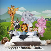 Bright 3D Cartoon Jungle Safari Animals and Green Landscape Premium Kids Wallpaper