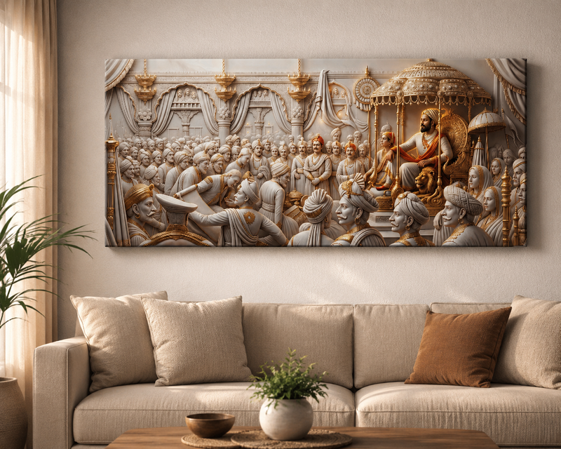 Chhatrapati Shivaji Maharaj: Shwet Swarna Royal Darbar 3D Relief Heritage Wall Art – Premium Canvas & Glossy Acrylic Frame