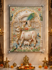 Divine Krishna Bansuri & Gau Mata | Kamdhenu Cow 3D Relief Heritage Wall Art – Premium Canvas & Glossy Acrylic Frame Collection