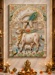 Divine Krishna Bansuri & Gau Mata | Kamdhenu Cow 3D Relief Heritage Wall Art – Premium Canvas & Glossy Acrylic Frame Collection