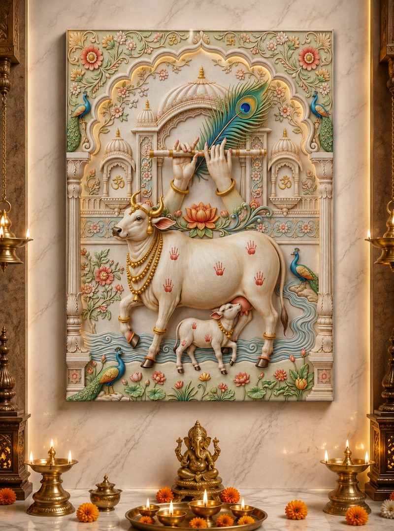 Divine Krishna Bansuri & Gau Mata | Kamdhenu Cow 3D Relief Heritage Wall Art – Premium Canvas & Glossy Acrylic Frame Collection