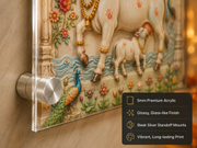 Divine Krishna Bansuri & Gau Mata | Kamdhenu Cow 3D Relief Heritage Wall Art – Premium Canvas & Glossy Acrylic Frame Collection