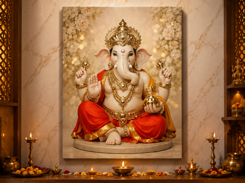 Lord Ganesha: Floral Divya Darshan Heritage Wall Art – Premium Canvas & Glossy Acrylic Frame Collection