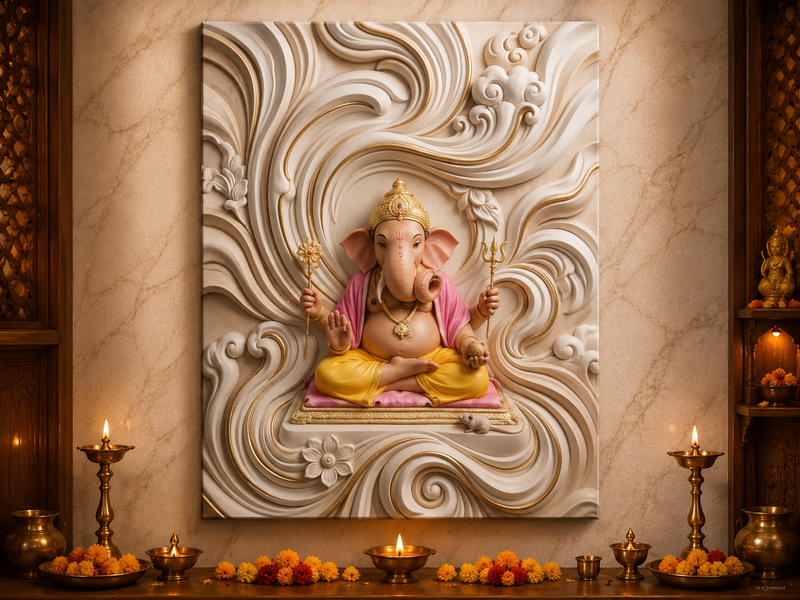 Lord Ganesha: Ivory & Gold Swirling Waves Darshan Heritage Wall Art – Premium Canvas & Glossy Acrylic Frame