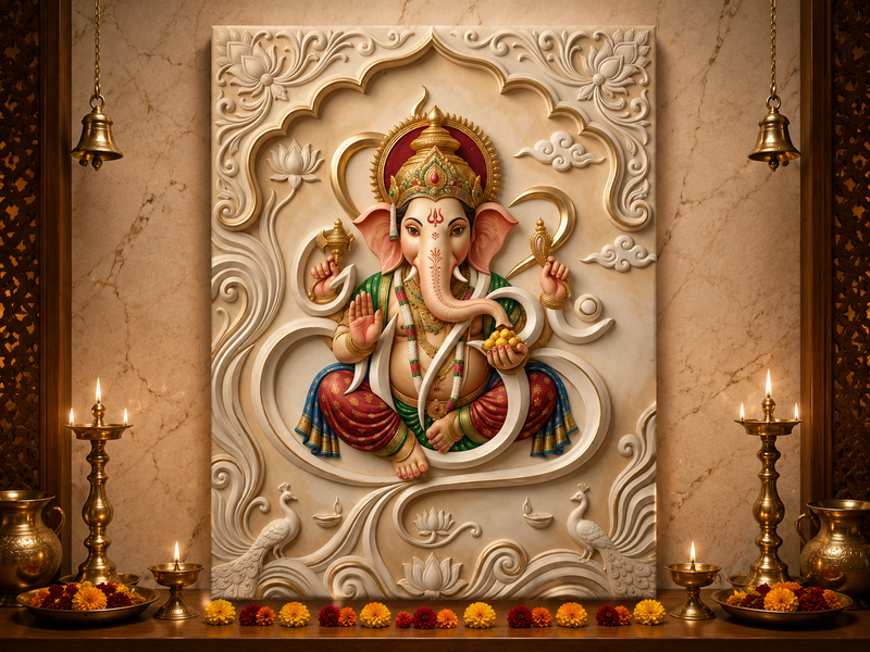 Lord Ganesha: Mor Prabhavali Divya Darshan Heritage Wall Art – Premium Canvas & Glossy Acrylic Frame