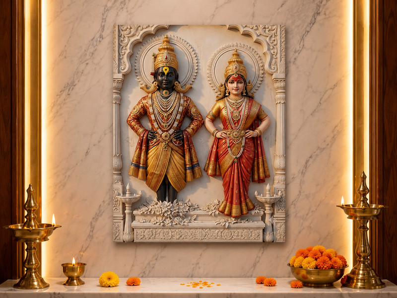 Lord Vitthal and Goddess Rukmini: Sacred Mandapam Darshan Heritage Wall Art – Luxury Canvas | Glossy Acrylic Frame