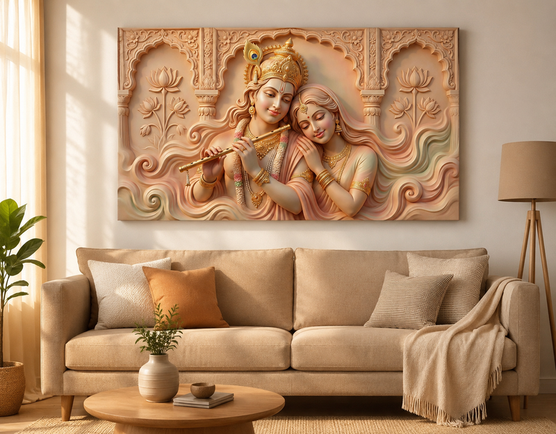 Divine Radha Krishna: Prem Ras Sculptural Heritage Wall Art – Premium Canvas & Glossy Acrylic Collection