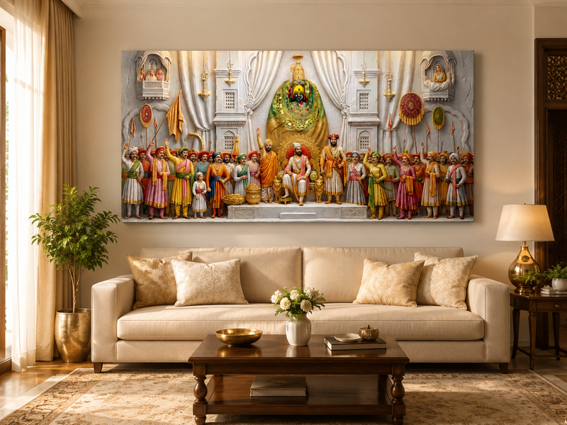 Divine Swarajya Darbar: Chhatrapati Shivaji Maharaj & Tulja Bhavani Mata Heritage Wall Art – Premium Canvas & Glossy Acrylic Collection