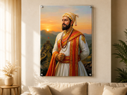 Chhatrapati Shivaji Maharaj Royal White Attire & Sunset Fort Background – Premium UV Acrylic Photo Frame