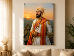 Chhatrapati Shivaji Maharaj Royal White Attire & Sunset Fort Background – Premium UV Acrylic Photo Frame