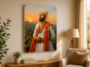 Chhatrapati Shivaji Maharaj Royal White Attire & Sunset Fort Background – Premium UV Acrylic Photo Frame