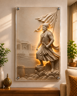 Chhatrapati Shivaji Maharaj Victorious Pose with Sword & Flag: 3D Stone Engraved Fort Background – Premium Acrylic Wall Art for Living Room & Office