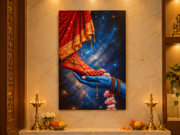 Divine Shiva Shakti Cosmic Devotion: Lord Mahadev Holding Goddess' Feet – Premium Canvas & Acrylic Art