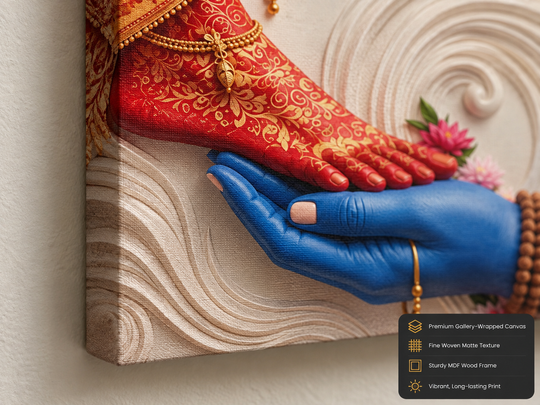 Divine Shiva Shakti Cosmic Devotion: Lord Mahadev Holding Goddess' Feet – 3D White Swirl Premium Canvas & Acrylic Frame