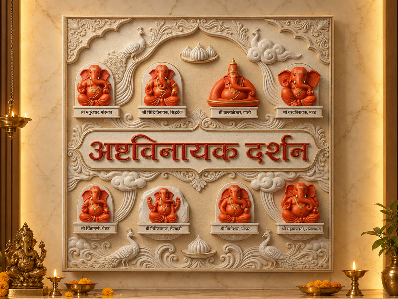 Complete Ashtavinayak Darshan: 8 Ganesha Mandir Wall Art For Devghar & Living Room – Premium Canvas Frame