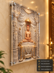 Bhagwan Mahavir Swami 3D Marble Effect Grand Temple Photo Frame – Pooja Room Canvas & Acrylic Wall Decor