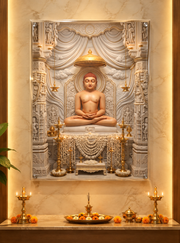 Bhagwan Mahavir Swami 3D Marble Effect Grand Temple Photo Frame – Pooja Room Canvas & Acrylic Wall Decor
