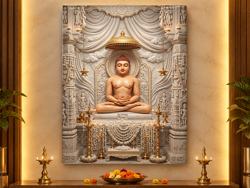 Bhagwan Mahavir Swami 3D Marble Effect Grand Temple Photo Frame – Pooja Room Canvas & Acrylic Wall Decor
